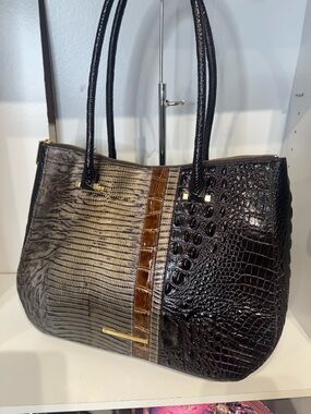 Brahmin Two-Tone Croc-Embossed Leather Tote - Black & Brown
